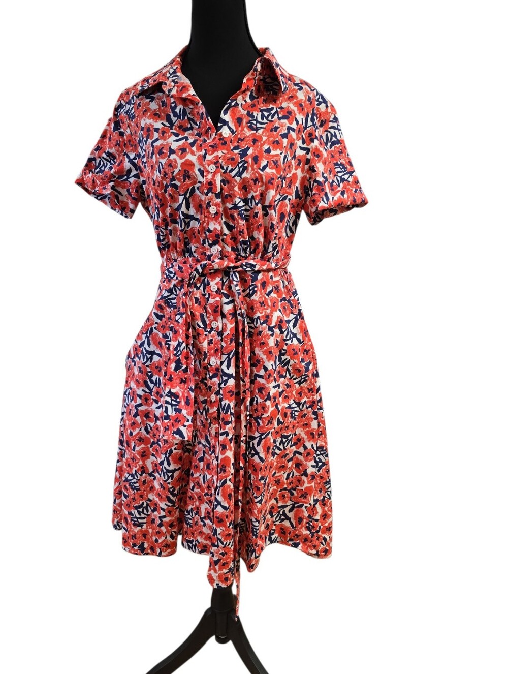 1901 Red Floral Button-Front Cottagecore Midi Shirt Dress with Tie Waist S - Picture 3 of 5